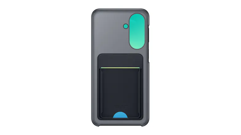 Back view of a phone case featuring a bright teal camera accent Back view of a phone case featuring a bright teal camera accent