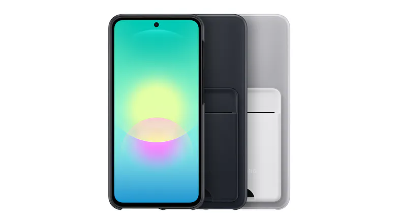 Trio lineup showcasing a smartphone screen alongside dark and white cases Trio lineup showcasing a smartphone screen alongside dark and white cases