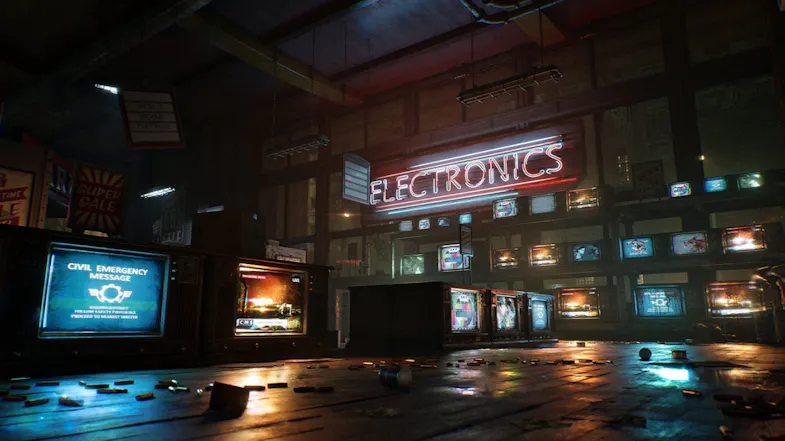 Game scene showing an electronics shop with old computer monitors Game scene showing an electronics shop with old computer monitors