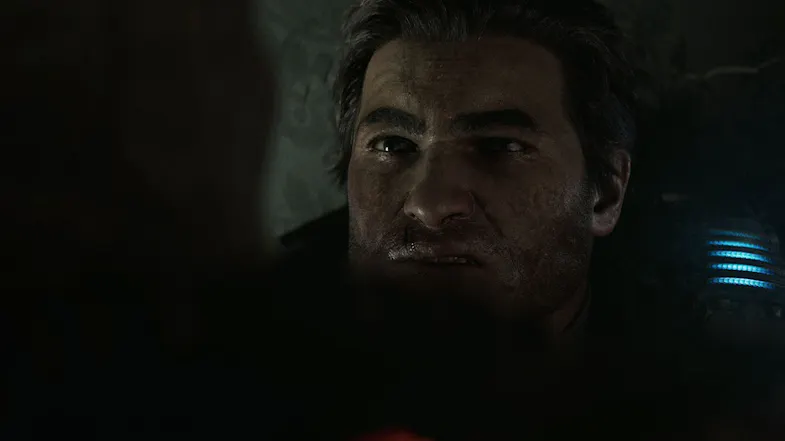 Game scene showing a bearded male character looking forward Game scene showing a bearded male character looking forward