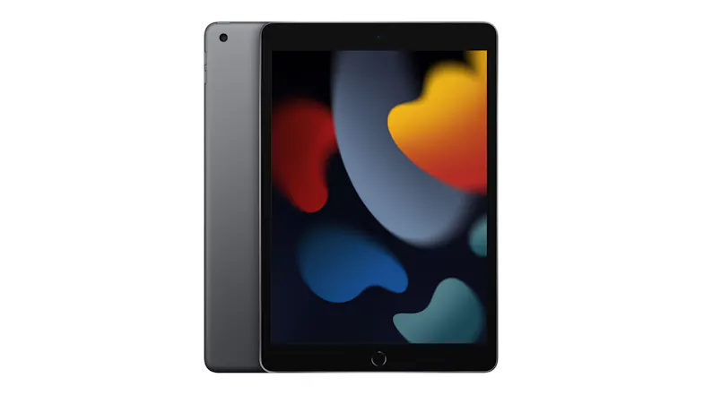 Space Grey Apple iPad 10.2-inch (9th Gen) shown from the front and back, featuring a black bezel and colourful abstract wallpaper on the screen Space Grey Apple iPad 10.2-inch (9th Gen) shown from the front and back, featuring a black bezel and colourful abstract wallpaper on the screen