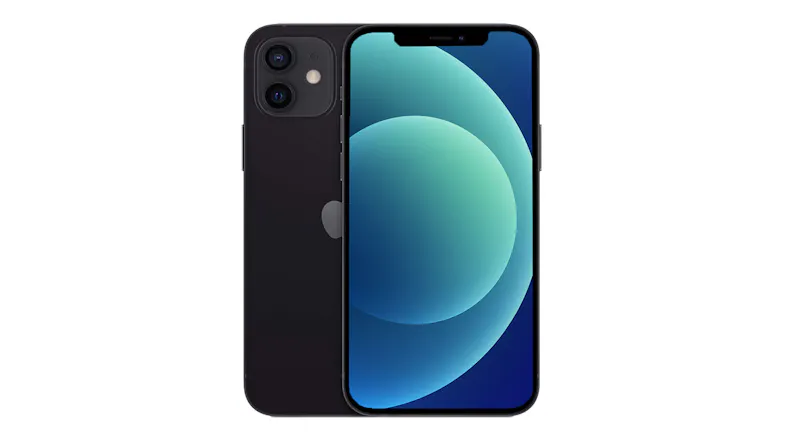 Black Apple iPhone 12 shown from the front and back, featuring a dual rear camera and a blue gradient display Black Apple iPhone 12 shown from the front and back, featuring a dual rear camera and a blue gradient display