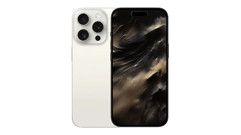 Apple iPhone 15 Pro 128GB White Titanium shown from front and back with triple-camera system Apple iPhone 15 Pro 128GB White Titanium shown from front and back with triple-camera system