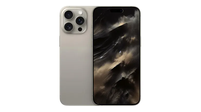 Natural Titanium Apple iPhone 15 Pro Max with an edge-to-edge display and three rear cameras, shown from the front and back Natural Titanium Apple iPhone 15 Pro Max with an edge-to-edge display and three rear cameras, shown from the front and back