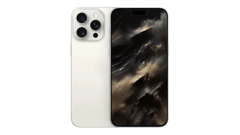 Apple iPhone 15 Pro Max in white titanium, showing its rear panel and front screen display Apple iPhone 15 Pro Max in white titanium, showing its rear panel and front screen display
