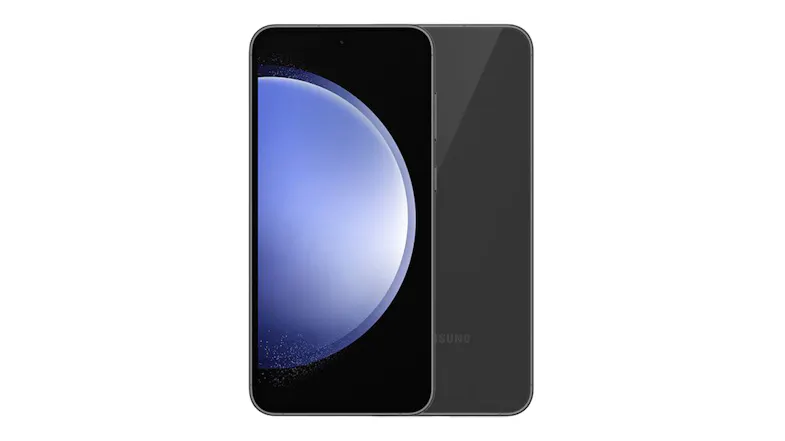 Front and back view of the graphite Samsung Galaxy S23 FE smartphone with large display and camera Front and back view of the graphite Samsung Galaxy S23 FE smartphone with large display and camera