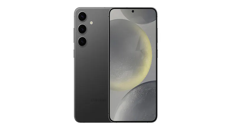 Samsung Galaxy S24 FE 5G smartphone in onyx black, showing its rear panel and front screen display Samsung Galaxy S24 FE 5G smartphone in onyx black, showing its rear panel and front screen display