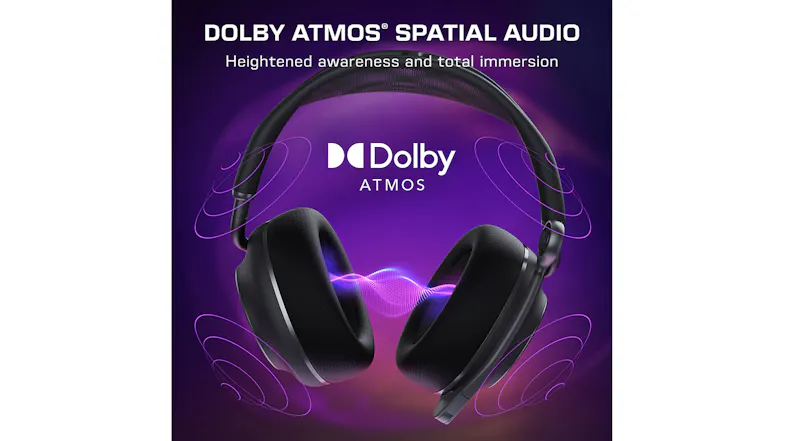 Promo graphic of the headset with Dolby Atmos spatial audio Promo graphic of the headset with Dolby Atmos spatial audio