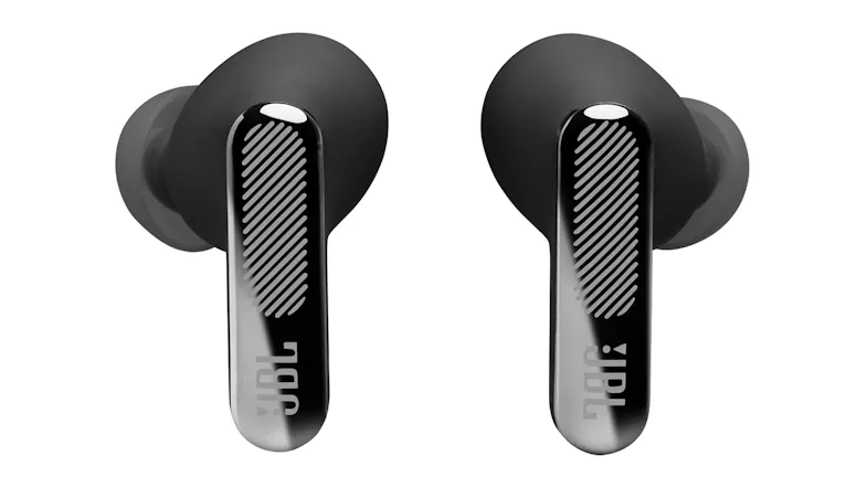 A pair of JBL earbuds with a stem design A pair of JBL earbuds with a stem design