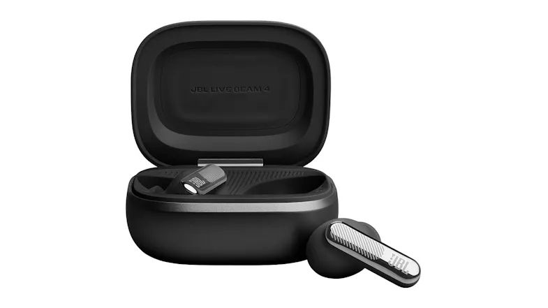 Angled view of one earbud resting next to the open charging case Angled view of one earbud resting next to the open charging case