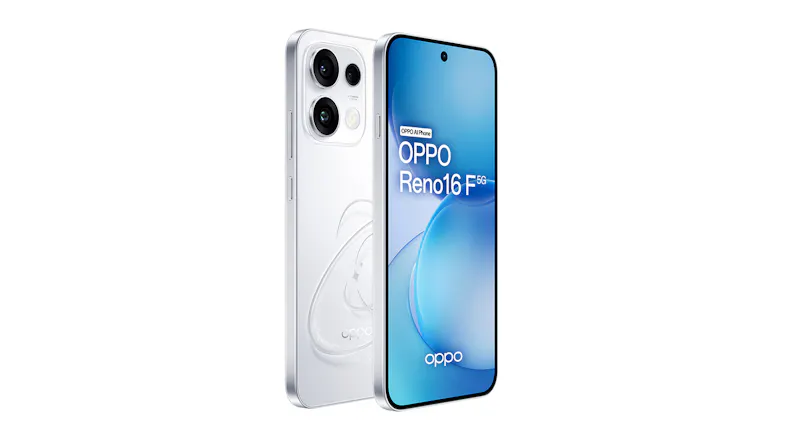 Front and rear view of the OPPO Reno16 F showing the screen and back cameras Front and rear view of the OPPO Reno16 F showing the screen and back cameras
