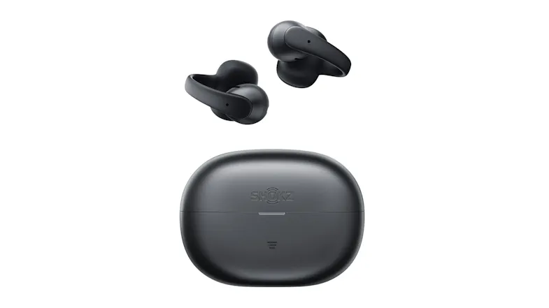 Front view of closed charging case with two floating earbuds above Front view of closed charging case with two floating earbuds above