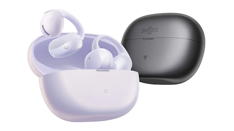 Two different colour variations of open-ear earbuds and cases Two different colour variations of open-ear earbuds and cases