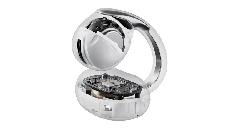 Internal view of an earbud casing showcasing inner hardware Internal view of an earbud casing showcasing inner hardware