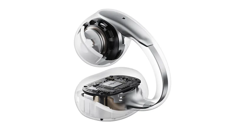 Deconstructed view of an earbud with a clear look at internal layers Deconstructed view of an earbud with a clear look at internal layers
