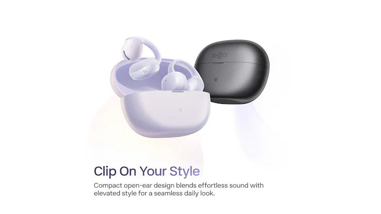 Product presentation of earbuds in purple and black colour variations Product presentation of earbuds in purple and black colour variations