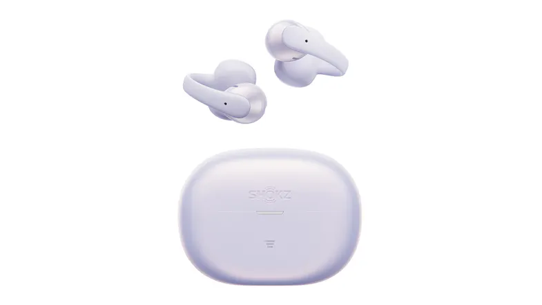 Front view of closed charging case with two floating earbuds above Front view of closed charging case with two floating earbuds above