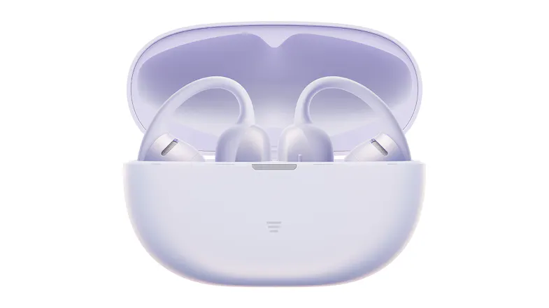 Front view of a wide-open charging case showcasing two docked earbuds Front view of a wide-open charging case showcasing two docked earbuds