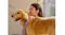 A woman wearing a purple earbud is hugging a golden retriever dog A woman wearing a purple earbud is hugging a golden retriever dog