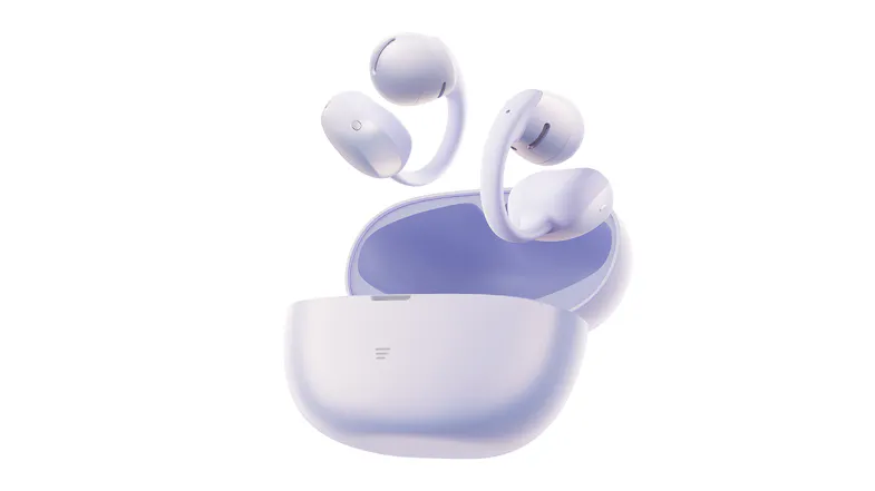 Angled front view of open charging case featuring floating earbuds Angled front view of open charging case featuring floating earbuds