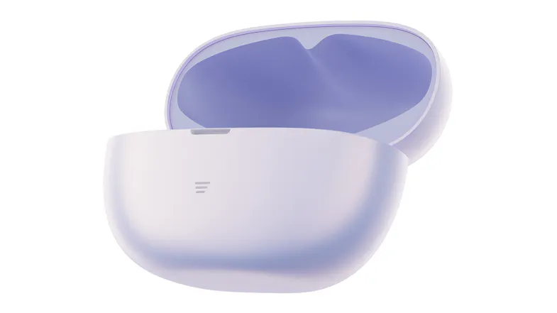 Angled view of an open charging case with a matte finish Angled view of an open charging case with a matte finish