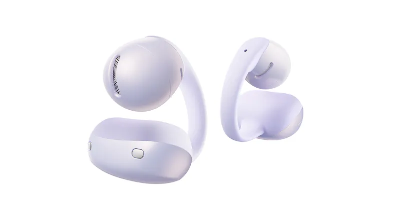 Close-up view of a pair of Shokz open-ear earbuds highlighting curved design Close-up view of a pair of Shokz open-ear earbuds highlighting curved design