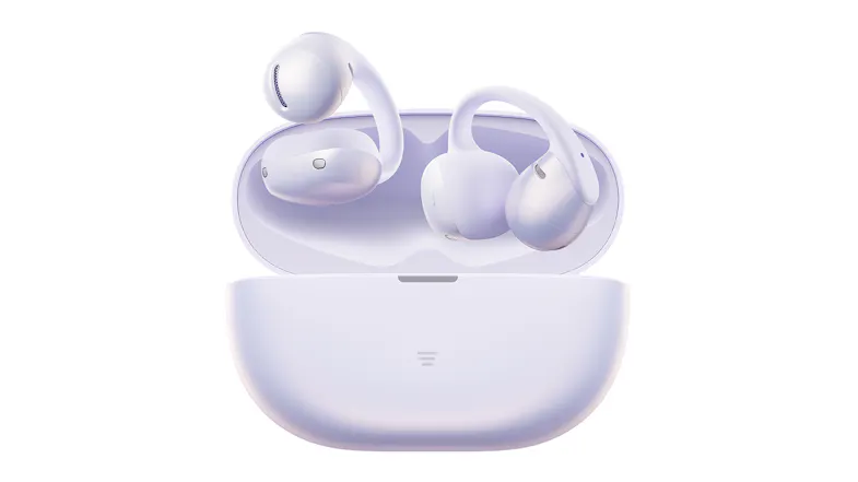Front view of docked wireless earbuds inside an open charging case Front view of docked wireless earbuds inside an open charging case