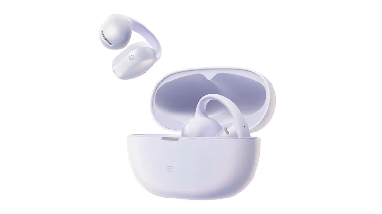 Side view of open charging case with floating earbuds above Side view of open charging case with floating earbuds above