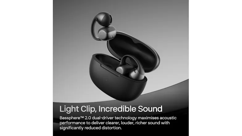 Studio view of earbuds and case showcasing sleek dark styling Studio view of earbuds and case showcasing sleek dark styling