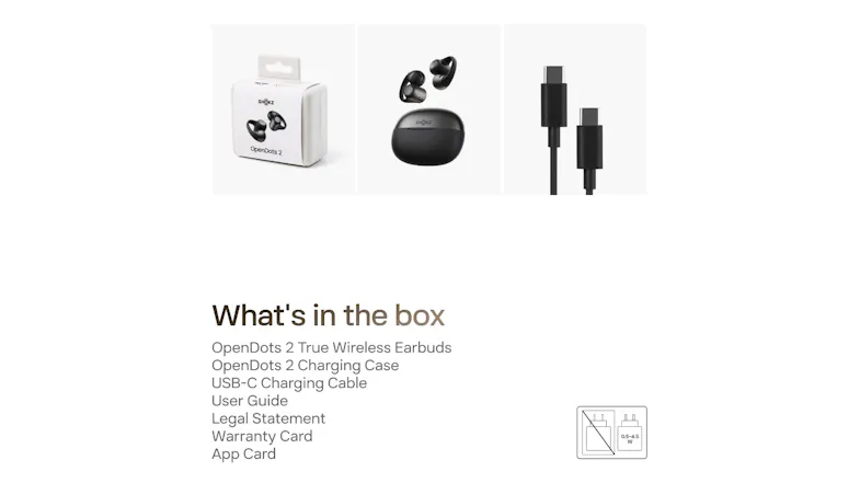 Product layout view of the Shokz OpenDots 2 featuring included charging cables Product layout view of the Shokz OpenDots 2 featuring included charging cables
