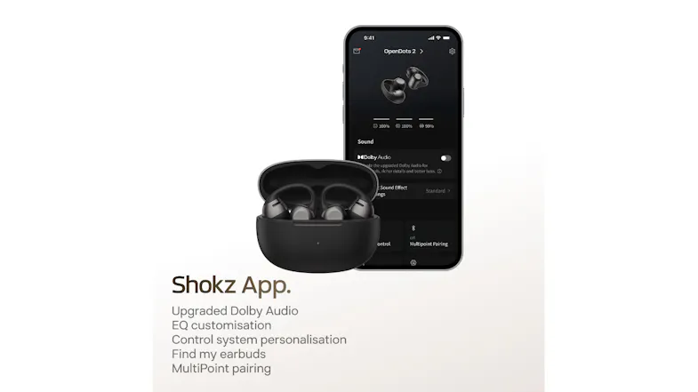 Shokz app displays a view of a mobile application showcasing control settings Shokz app displays a view of a mobile application showcasing control settings