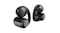 Close-up view of two black earbuds showcasing their curved hooks Close-up view of two black earbuds showcasing their curved hooks