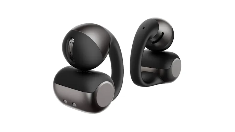 Close-up view of two black earbuds showcasing their curved hooks Close-up view of two black earbuds showcasing their curved hooks