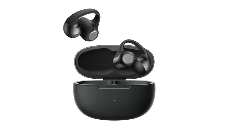 Front view of open charging case showing docked earbuds inside Front view of open charging case showing docked earbuds inside