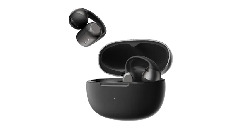 Front view of open charging case with floating earbuds above Front view of open charging case with floating earbuds above