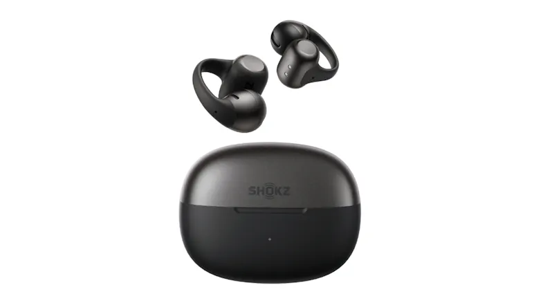 Closed charging case featuring two floating earbuds hovering overhead Closed charging case featuring two floating earbuds hovering overhead