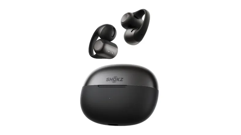Front view of closed charging case with floating earbuds above Front view of closed charging case with floating earbuds above