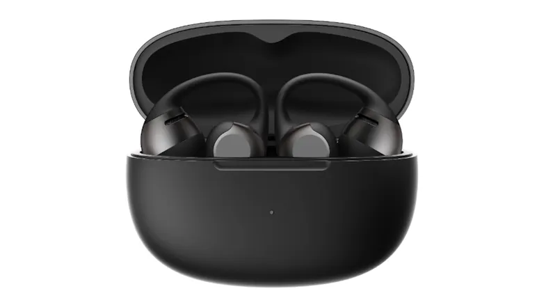 Front view of a wide-open charging case highlighting docked earbuds Front view of a wide-open charging case highlighting docked earbuds