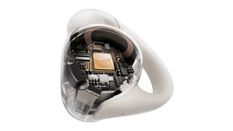 Deconstructed view of an earbud casing showcasing the hardware Deconstructed view of an earbud casing showcasing the hardware