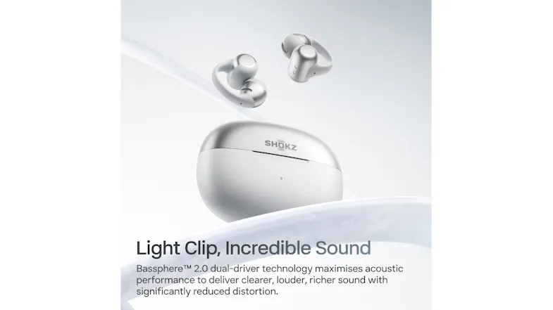Studio view of the Shokz earbuds and case showcasing a light grey colour Studio view of the Shokz earbuds and case showcasing a light grey colour