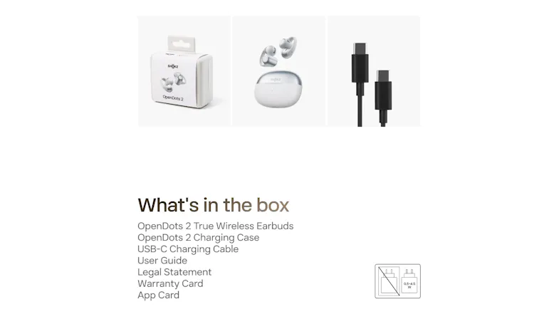 Product layout view of the Shokz OpenDots 2 featuring included charging cables Product layout view of the Shokz OpenDots 2 featuring included charging cables