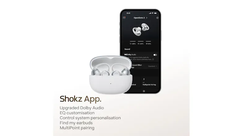 Shokz app displays a view of a mobile application showcasing control settings Shokz app displays a view of a mobile application showcasing control settings