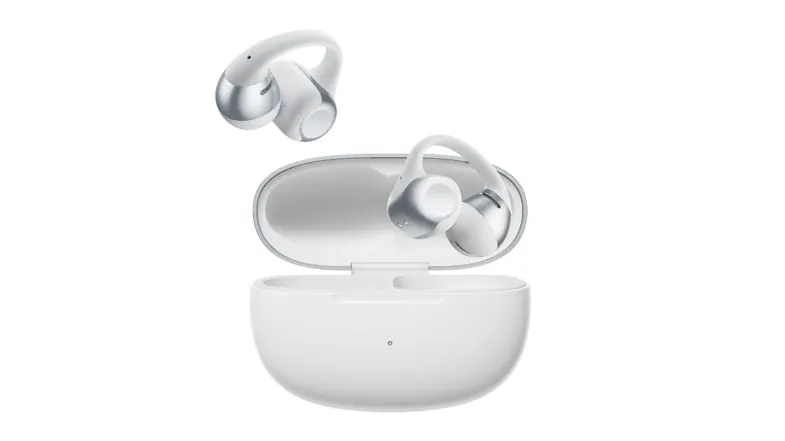 Front view of open charging case showing docked earbuds inside Front view of open charging case showing docked earbuds inside