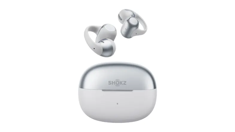 Closed charging case featuring two floating earbuds hovering overhead Closed charging case featuring two floating earbuds hovering overhead