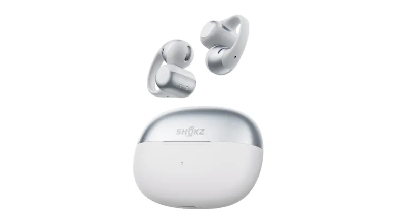 Front view of closed charging case with floating earbuds above Front view of closed charging case with floating earbuds above