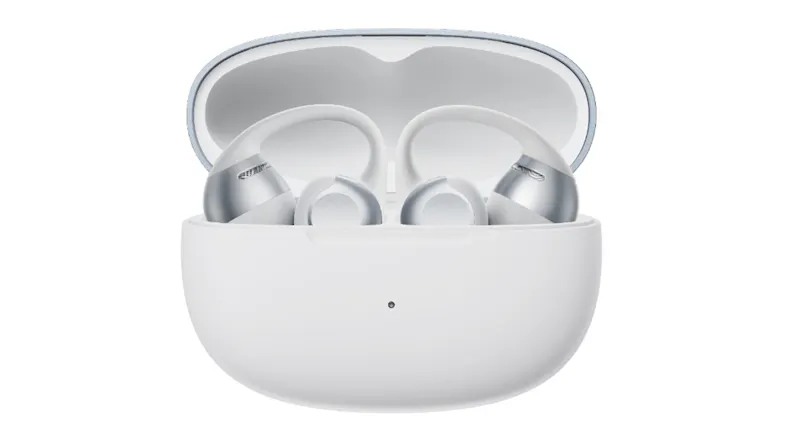 Front view of a wide-open charging case highlighting docked earbuds Front view of a wide-open charging case highlighting docked earbuds