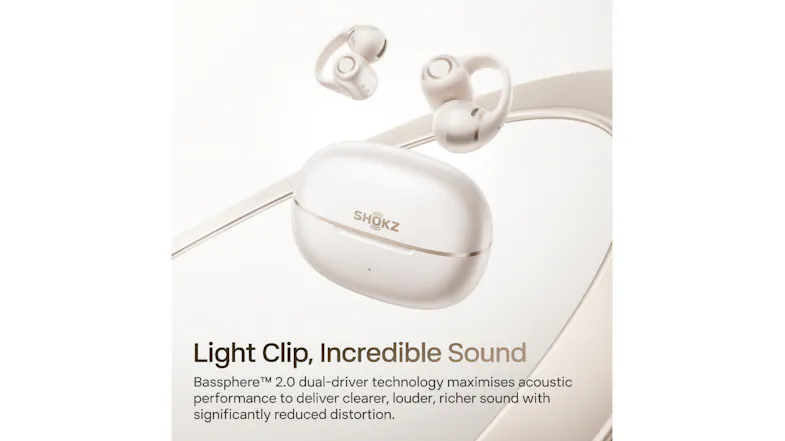 Studio view of the Shokz earbuds and case showcasing a pearl white colour Studio view of the Shokz earbuds and case showcasing a pearl white colour
