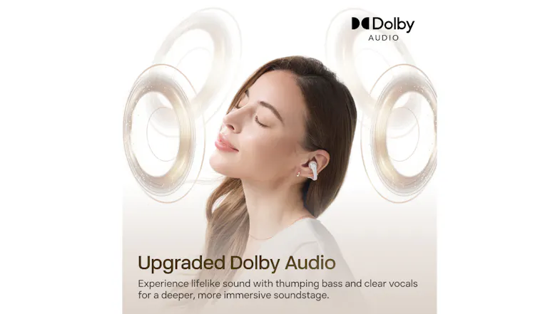 Floating layout of earbuds around a person featuring an audio theme Floating layout of earbuds around a person featuring an audio theme