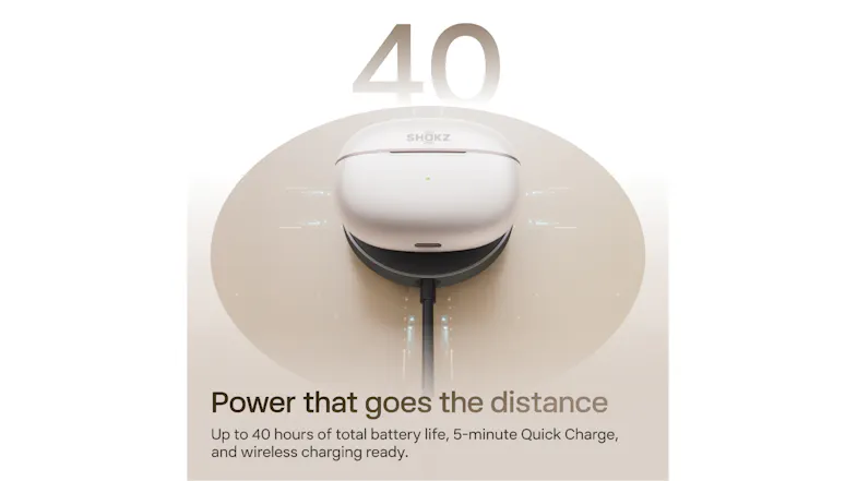 Close-up view of a charging case featuring up to 40 hours of battery life Close-up view of a charging case featuring up to 40 hours of battery life