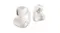 Close-up view of two white earbuds showcasing their curved hooks Close-up view of two white earbuds showcasing their curved hooks